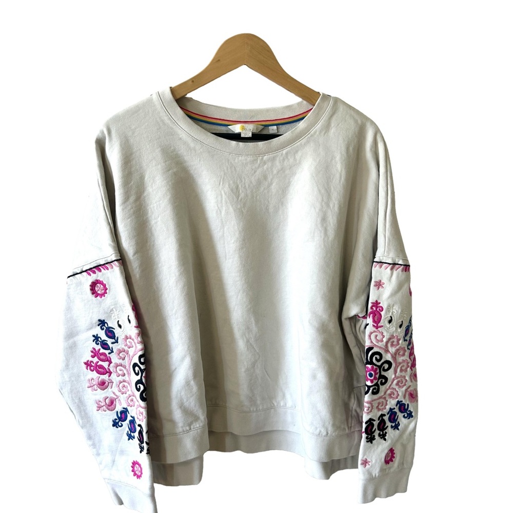Boden Cream Sweatshirt with Pink & Blue Embroidered Sleeves